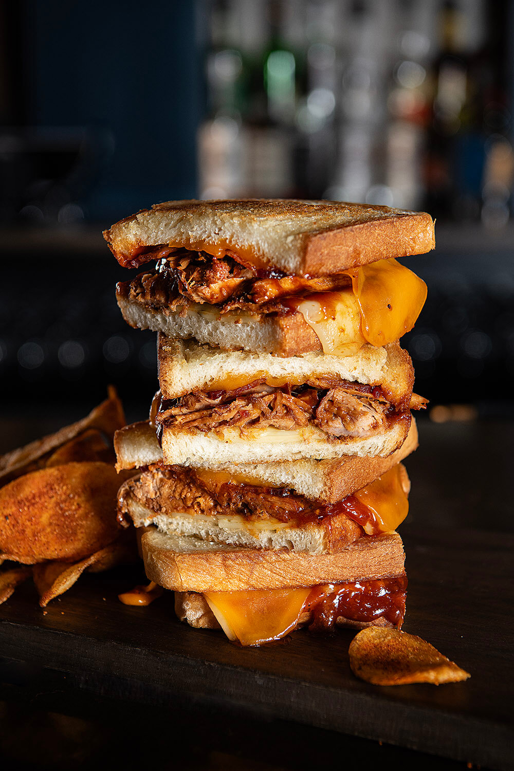 stacked pile of pulled pork grilled cheese
