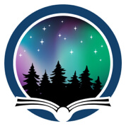 medallion of open book with silhouette of pine trees and night sky above itf