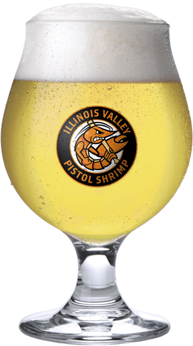 Glass of Short Hop Golden Ale with Illinois Valley Pistol Shrimp logo